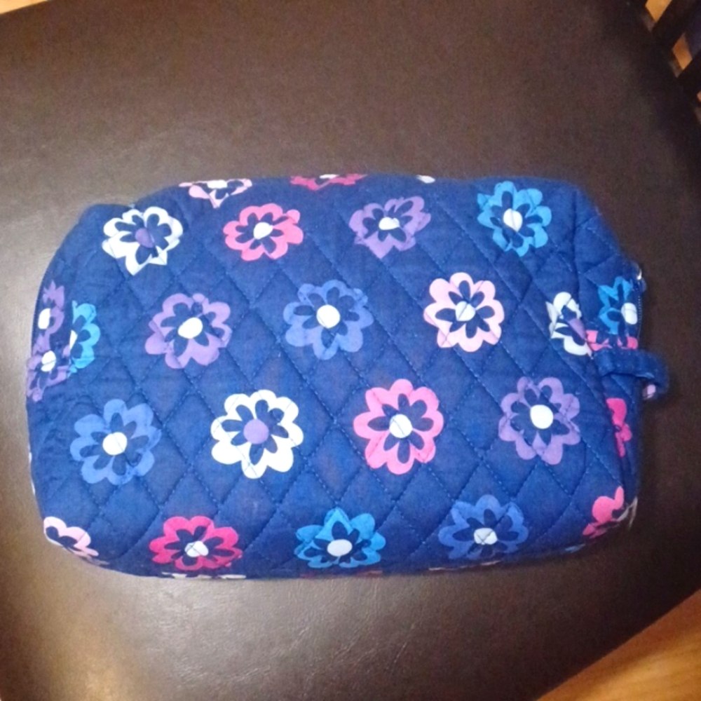 Vera Bradley Navy Quilted Cosmetic Bag with Pink Purple Blue Flowers